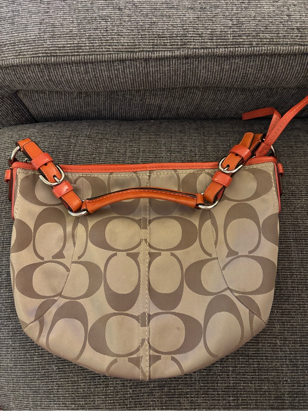 Coach K0868-12675 Signature Metallic Khaki Jacquard Orange Leather Shoulder Bag - Picture 4 of 16